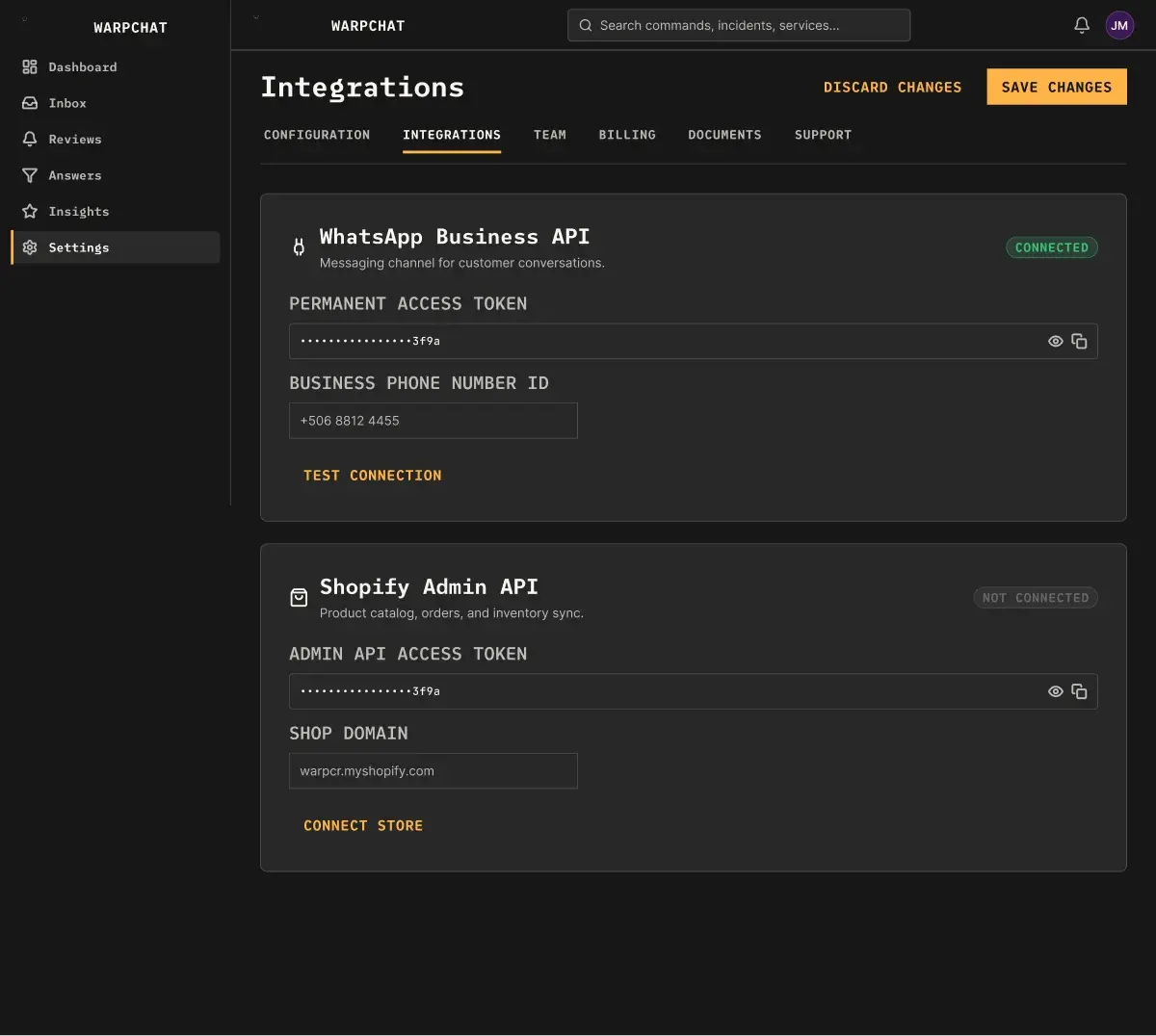 WarpChat integrations screen for connecting a WhatsApp Business account.