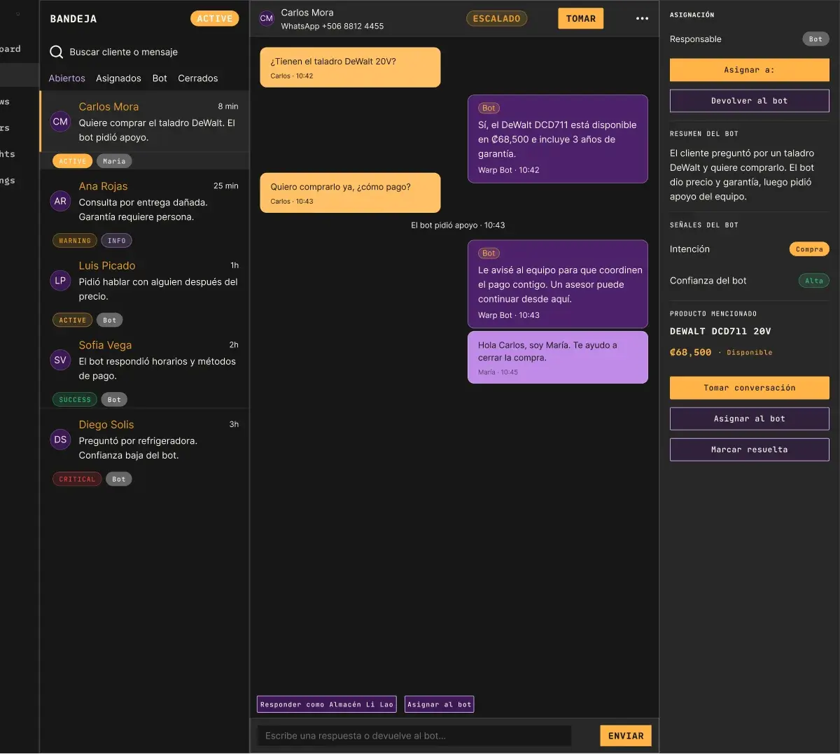 WarpChat shared inbox with a conversation assigned to an agent.
